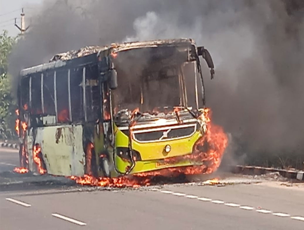TSRTC Rajdhani Bus Burnt Due To Bike Collision in Suryapet