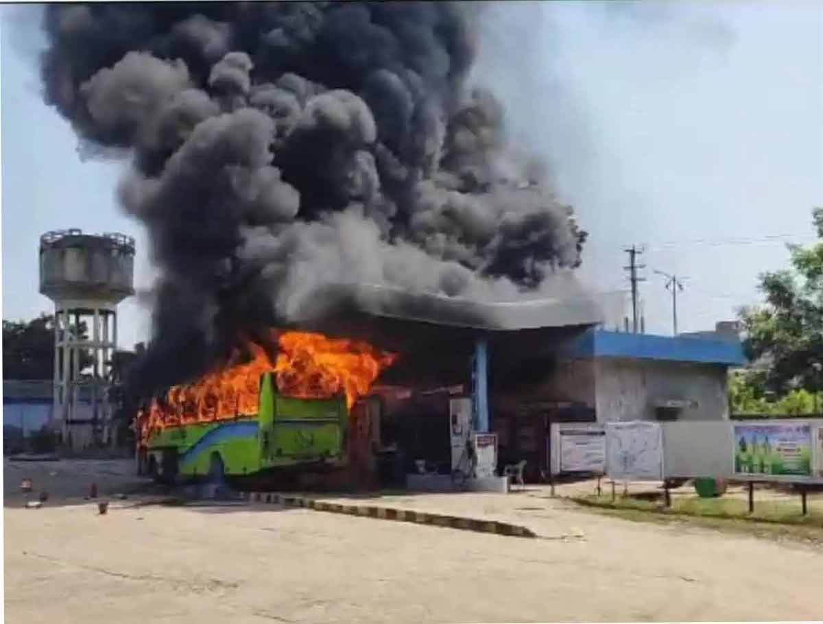 Fire Broke Out in a TSRTC Bus in Jagtial