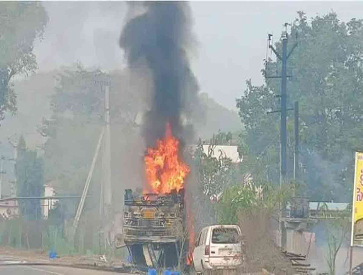 Oil Tanker Overturned And Caught Fire On The Jagtial-Nizamabad Highway